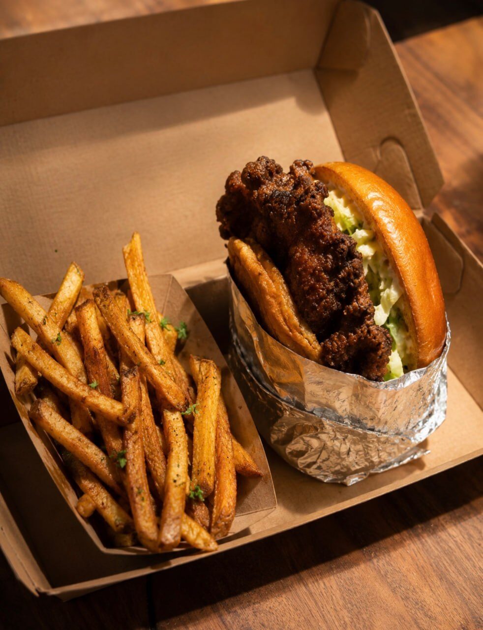 Crispy hot honey chicken sandwich with hand-cut fries