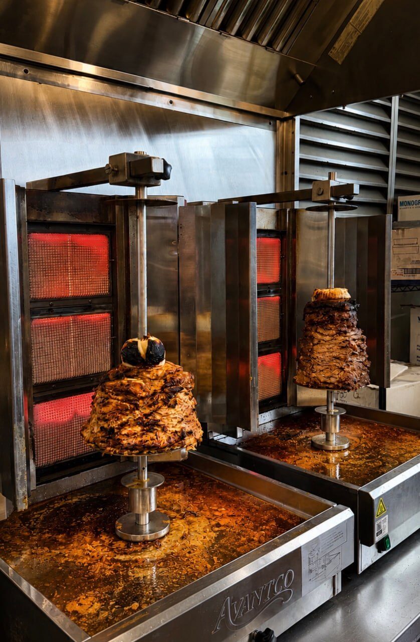 Shawarma turning on the vertical spit at The Kebob Project