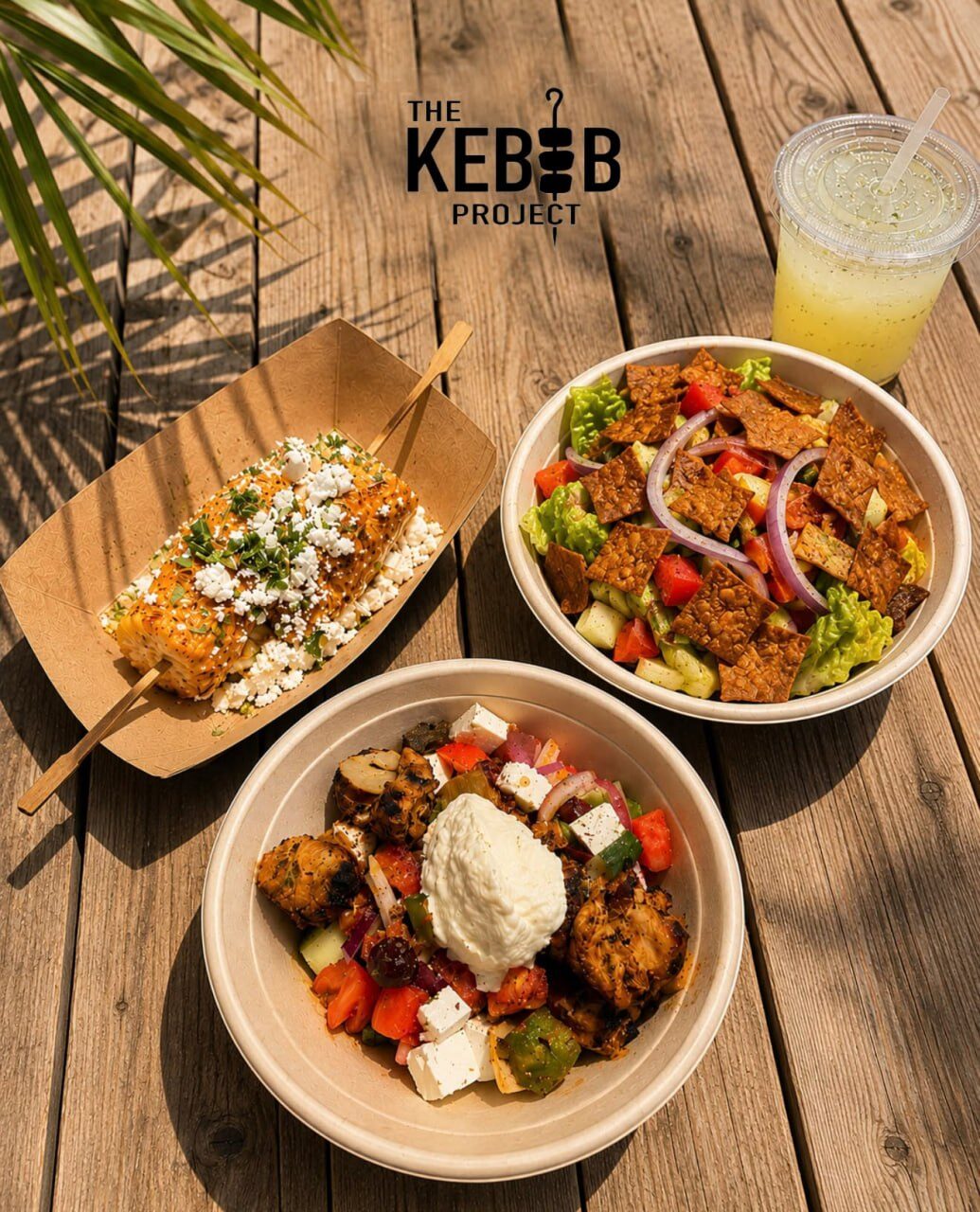 Cairo street corn, Greek salad bowl and chicken bowl with mint lemonade